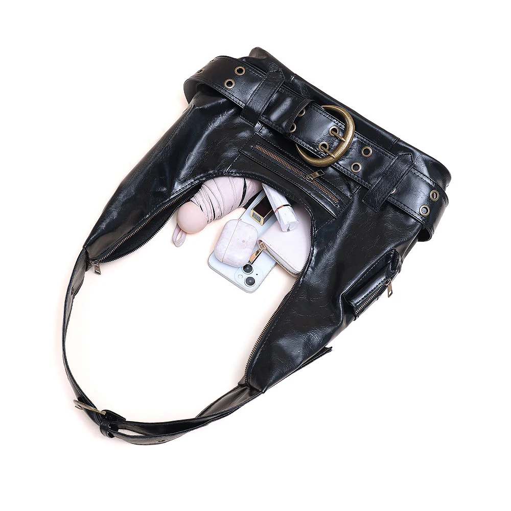 Sammi Belt Buckle Detail Shoulder Zip Up Faux Leather Bag In Black - Image 5