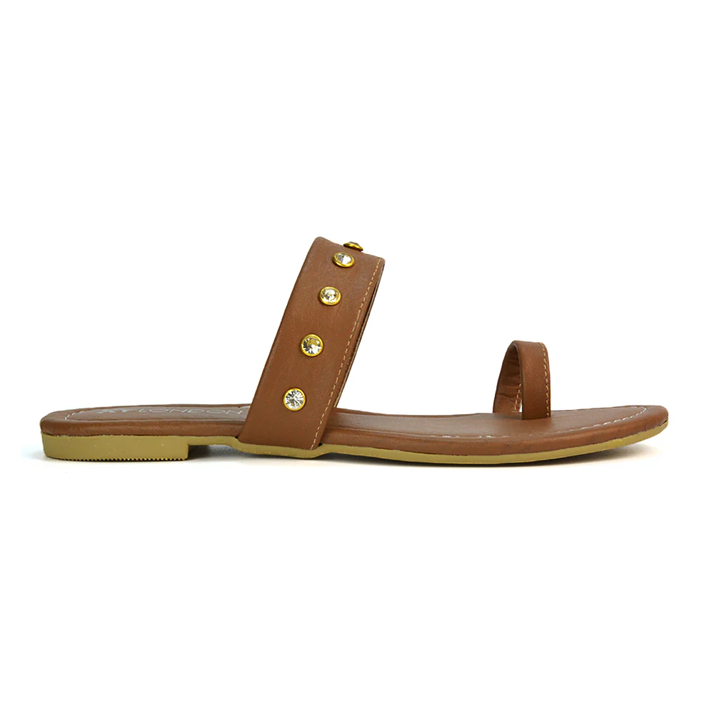 Sammie Slip On Toe Post Flat Heel Diamante Leather Summer Sandal Slides in Silver - Image 15