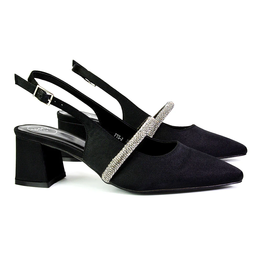 Sandie Sling Back Strappy Pointed Toe Diamante Mid Block Heels in Black - Image 112