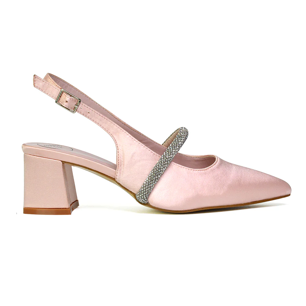 Sandie Sling Back Strappy Pointed Toe Diamante Mid Block Heels in Gold - Image 47