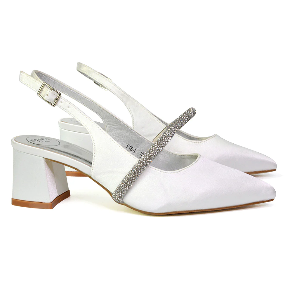 Sandie Sling Back Strappy Pointed Toe Diamante Mid Block Heels in Pink - Image 12