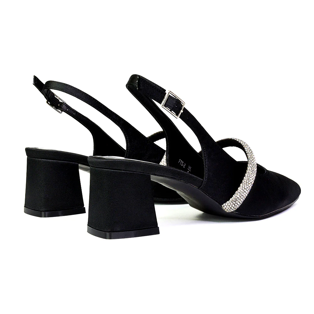 Sandie Sling Back Strappy Pointed Toe Diamante Mid Block Heels in Silver - Image 105