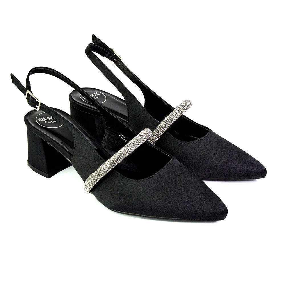 Sandie Sling Back Strappy Pointed Toe Diamante Mid Block Heels in Silver - Image 106