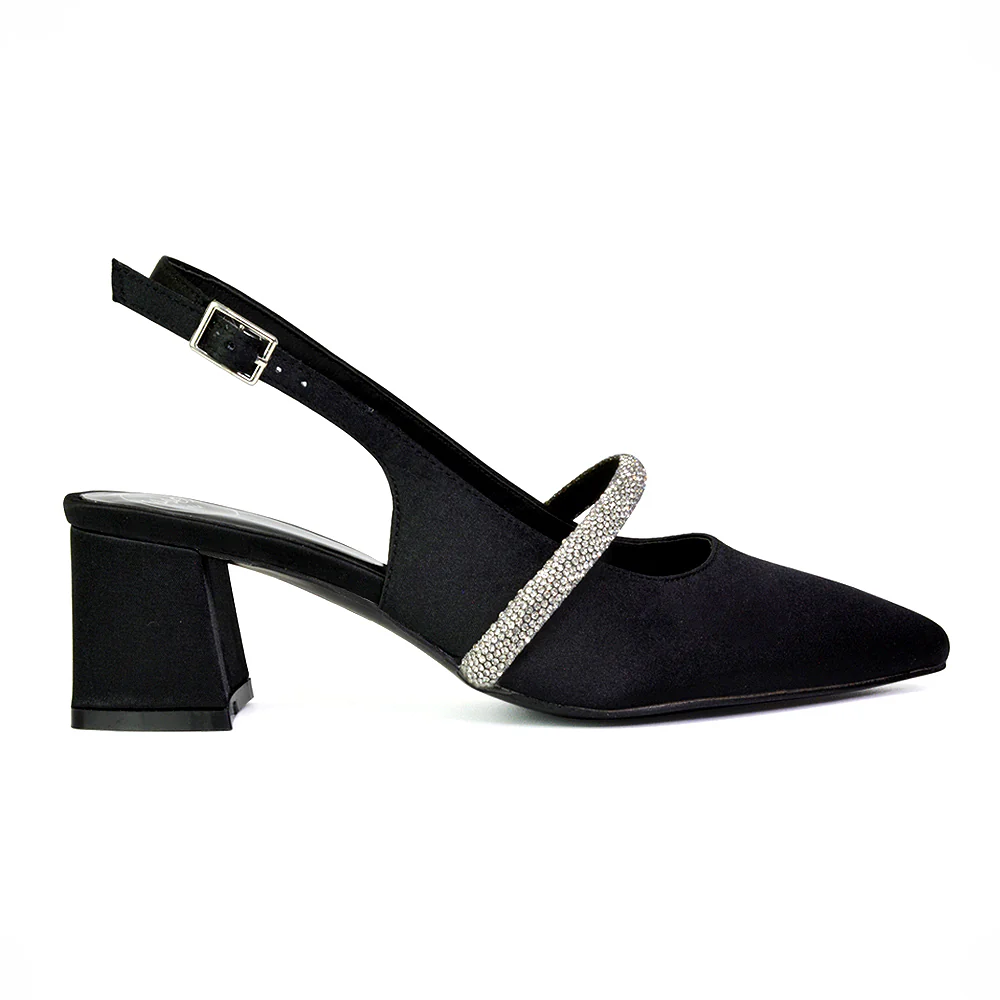 Sandie Sling Back Strappy Pointed Toe Diamante Mid Block Heels in Silver - Image 111