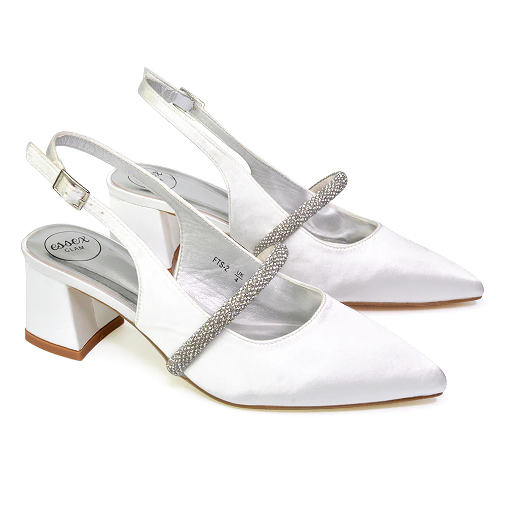 Sandie Sling Back Strappy Pointed Toe Diamante Mid Block Heels in Silver - Image 14