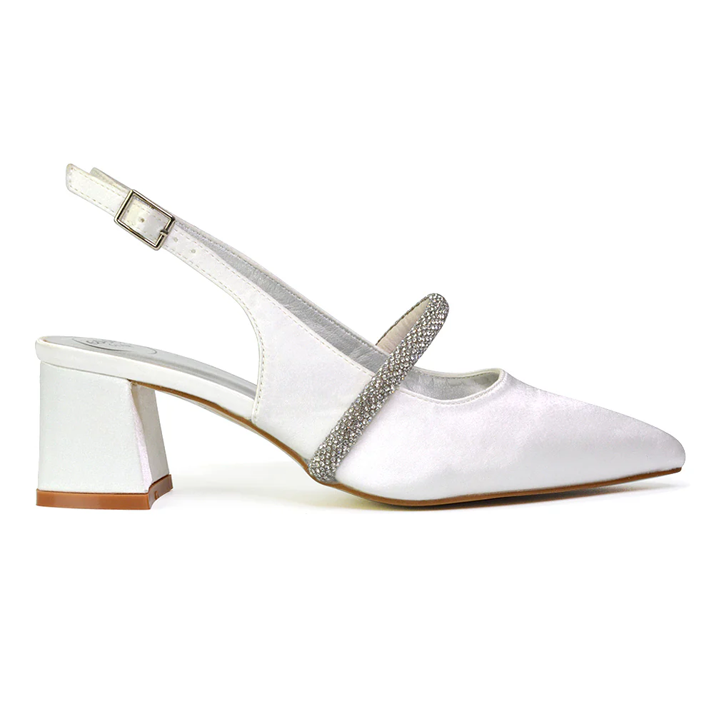 Sandie Sling Back Strappy Pointed Toe Diamante Mid Block Heels in Silver - Image 30