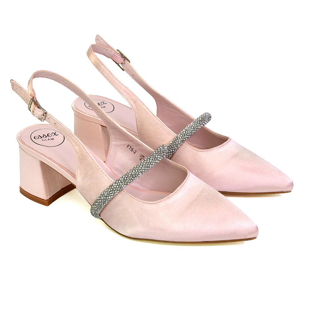 Sandie Sling Back Strappy Pointed Toe Diamante Mid Block Heels in Silver - Image 33