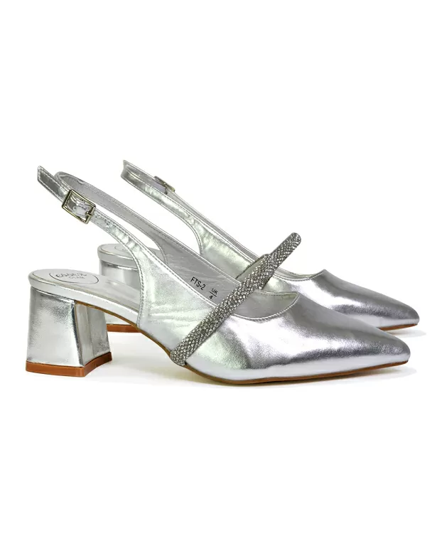 Sandie Sling Back Strappy Pointed Toe Diamante Mid Block Heels in Silver - Image 4