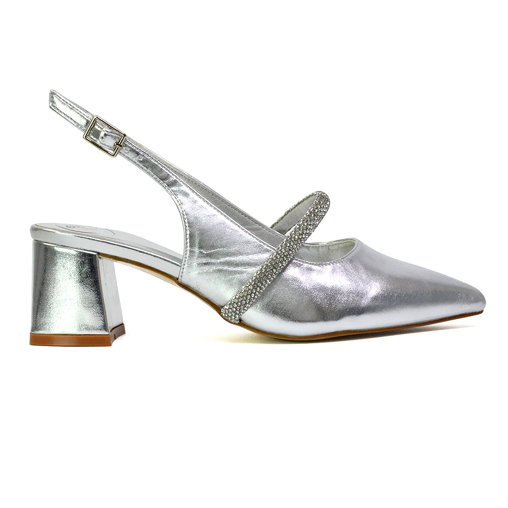 Sandie Sling Back Strappy Pointed Toe Diamante Mid Block Heels in Silver - Image 68
