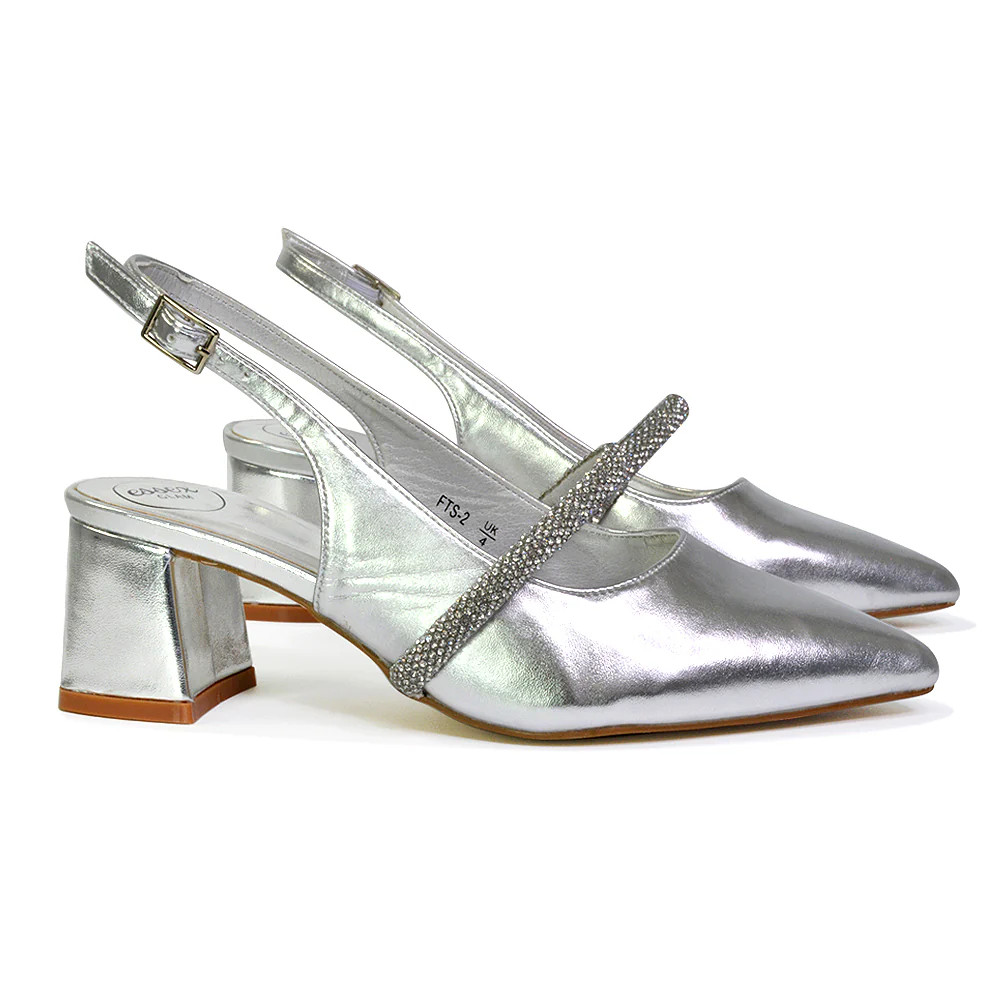 Sandie Sling Back Strappy Pointed Toe Diamante Mid Block Heels in Silver - Image 73