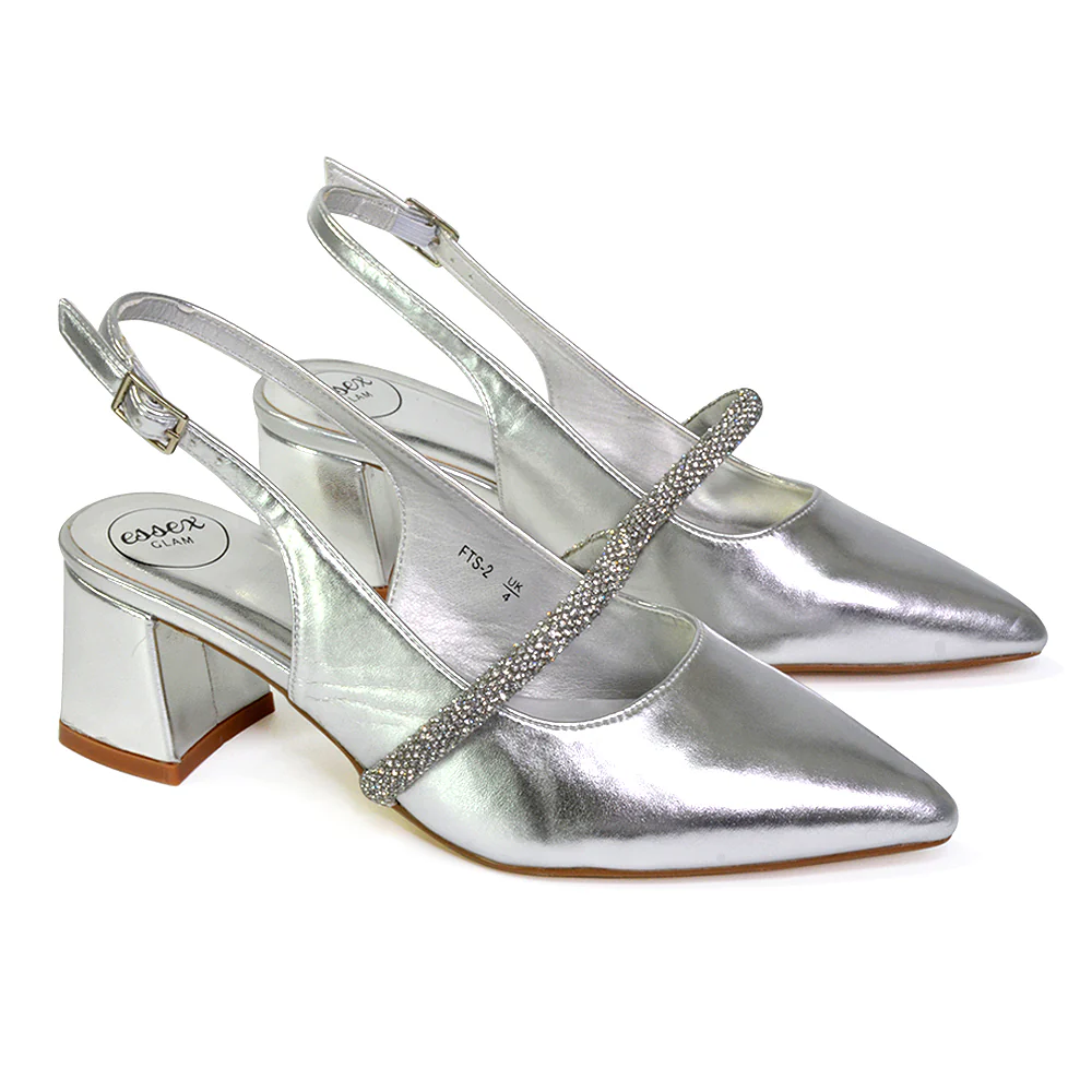 Sandie Sling Back Strappy Pointed Toe Diamante Mid Block Heels in Silver - Image 75