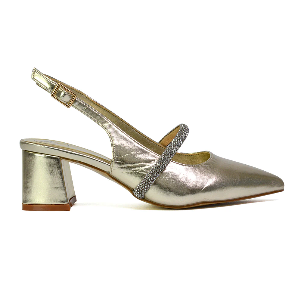 Sandie Sling Back Strappy Pointed Toe Diamante Mid Block Heels in Silver - Image 83