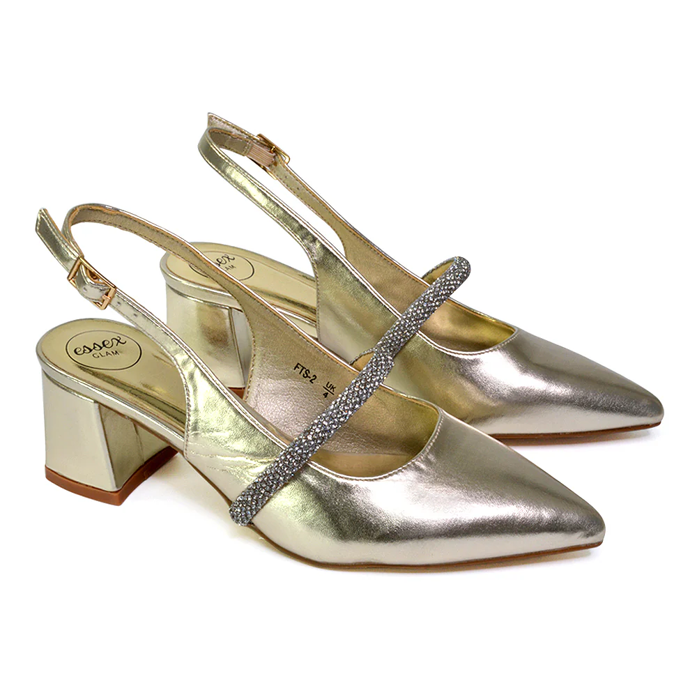 Sandie Sling Back Strappy Pointed Toe Diamante Mid Block Heels in Silver - Image 90