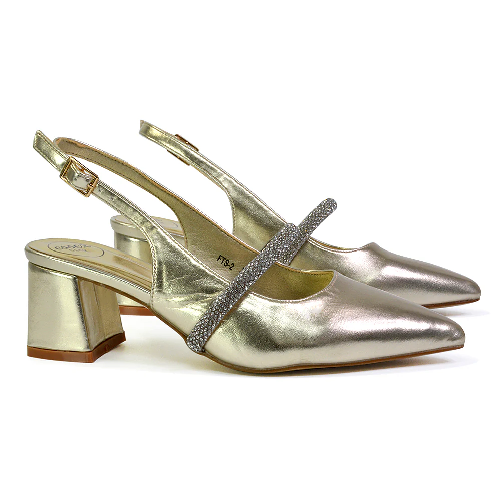 Sandie Sling Back Strappy Pointed Toe Diamante Mid Block Heels in Silver - Image 96