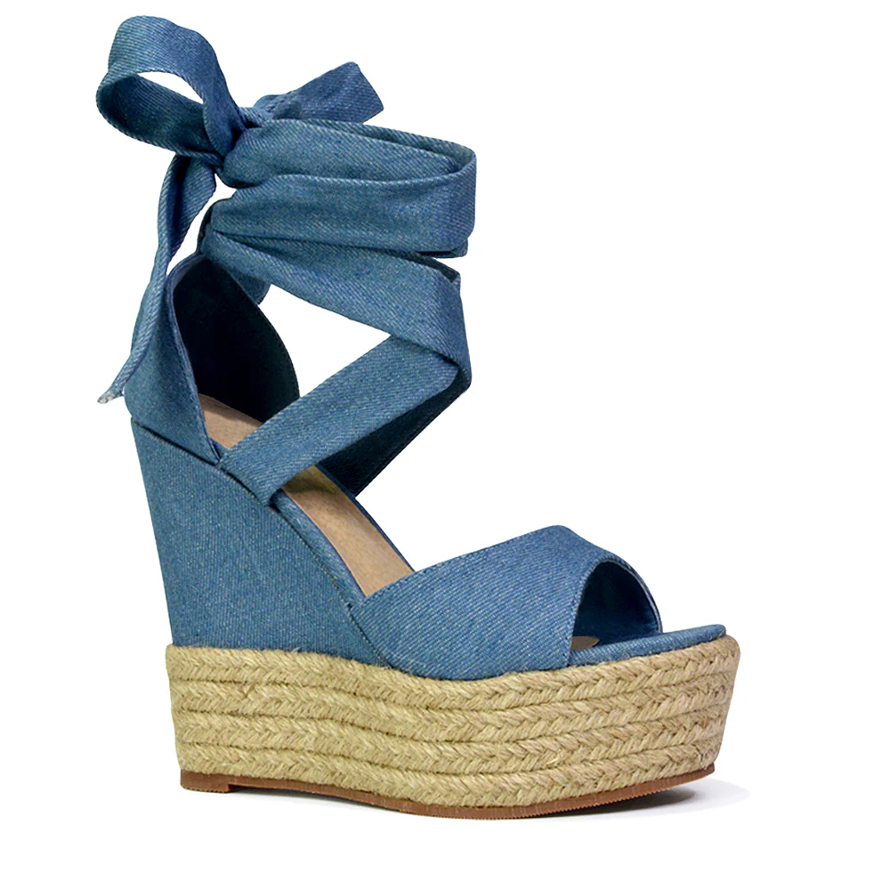 Sansa Strappy Lace up Woven Effect Platform High Heel Sandal Wedges In Denim - Image 15