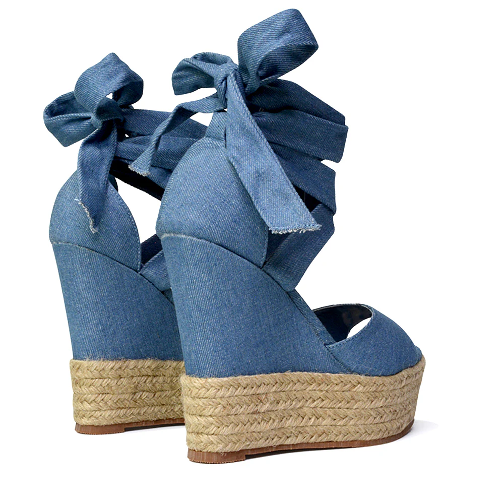 Sansa Strappy Lace up Woven Effect Platform High Heel Sandal Wedges In Denim - Image 25