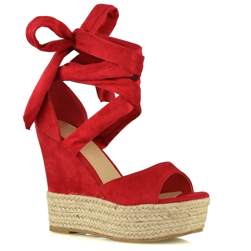 Sansa Strappy Lace up Woven Effect Platform High Heel Sandal Wedges In Denim - Image 31