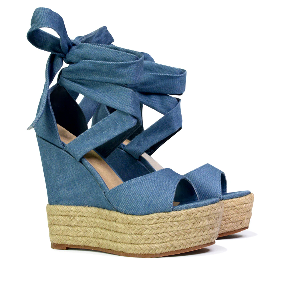 Sansa Strappy Lace up Woven Effect Platform High Heel Sandal Wedges In Denim - Image 4