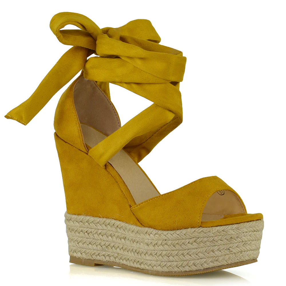 Sansa Strappy Lace up Woven Effect Platform High Heel Sandal Wedges In Denim - Image 42