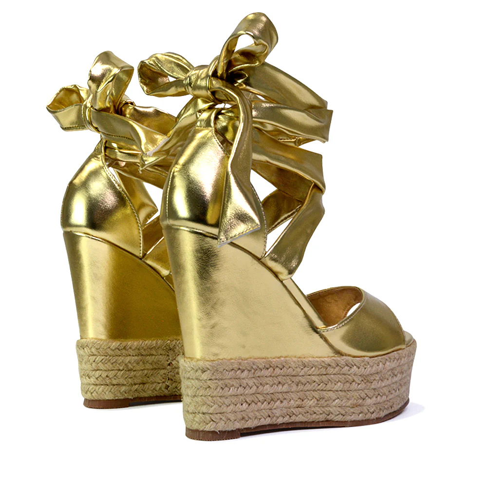Sansa Strappy Lace up Woven Effect Platform High Heel Sandal Wedges In Denim - Image 50