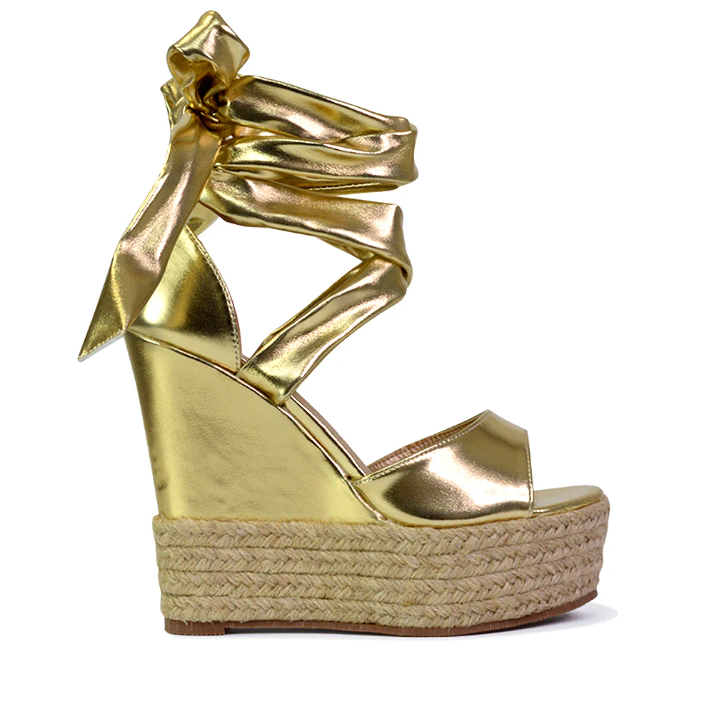 Sansa Strappy Lace up Woven Effect Platform High Heel Sandal Wedges In Denim - Image 51