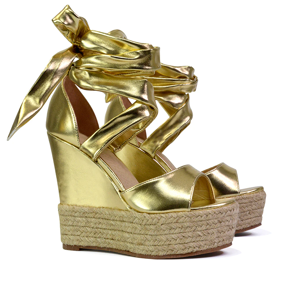 Sansa Strappy Lace up Woven Effect Platform High Heel Sandal Wedges In Denim - Image 62