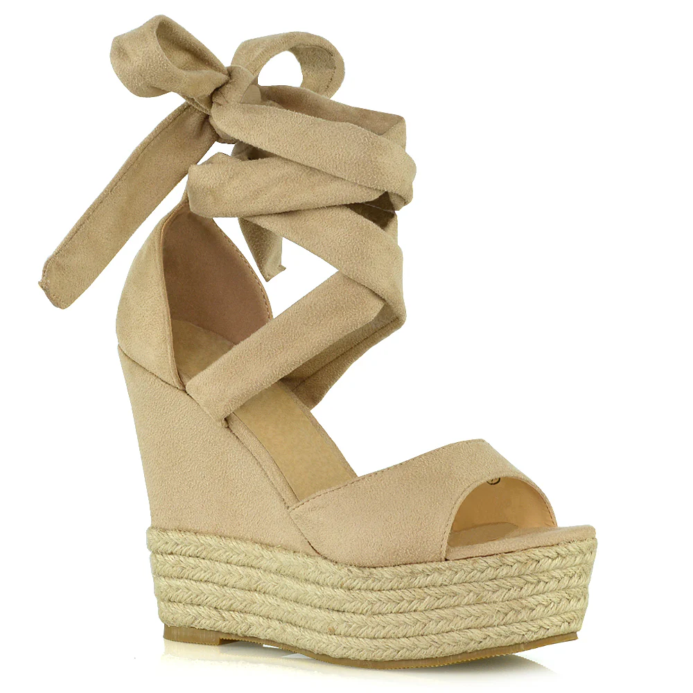 Sansa Strappy Lace up Woven Effect Platform High Heel Sandal Wedges In Denim - Image 76