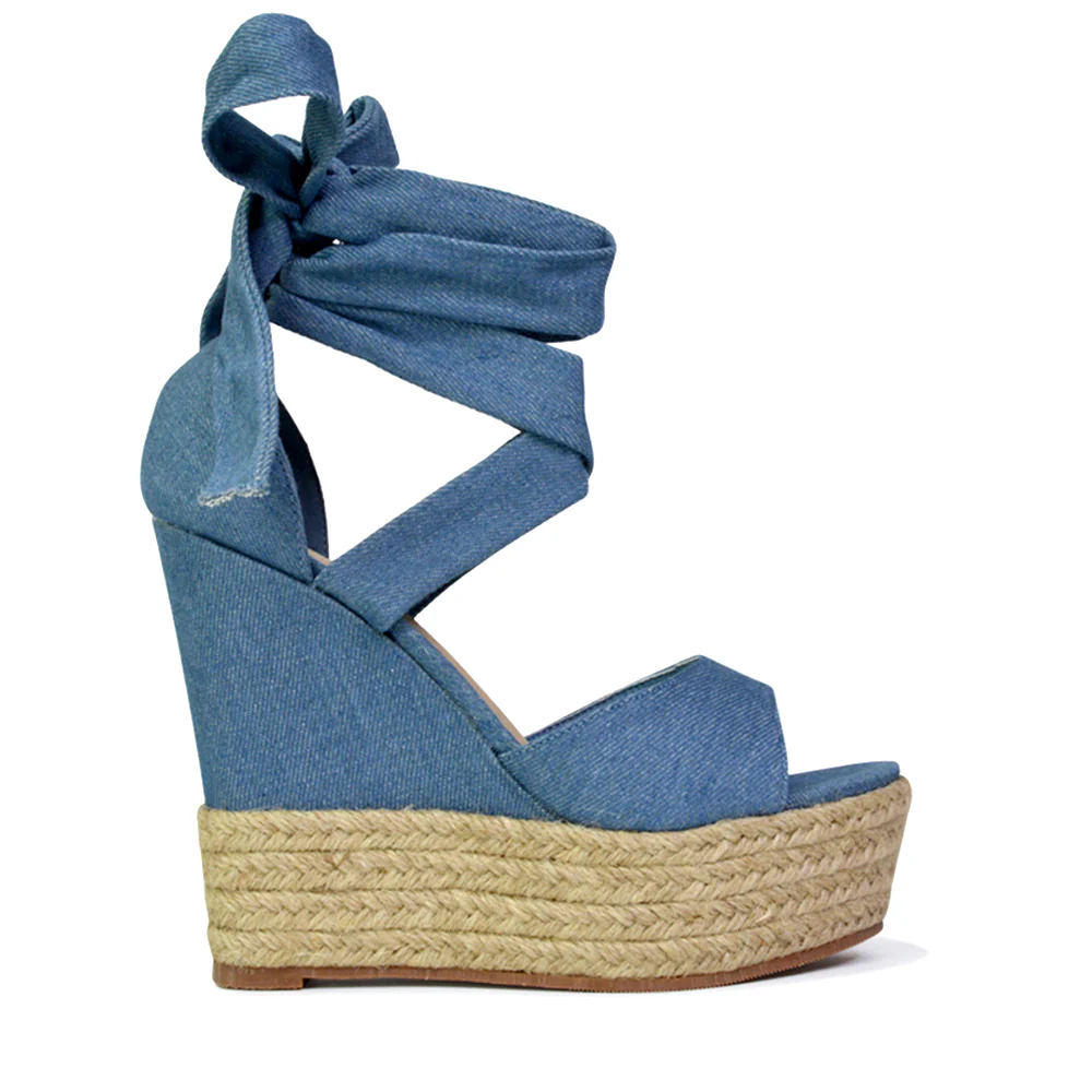 Sansa Strappy Lace up Woven Effect Platform High Heel Sandal Wedges In Denim - Image 8