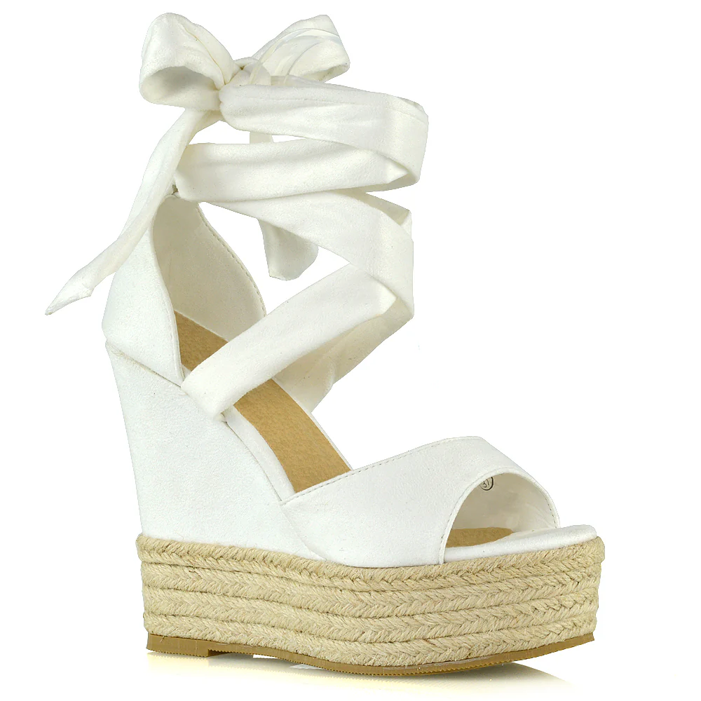 Sansa Strappy Lace up Woven Effect Platform High Heel Sandal Wedges In Gold - Image 35