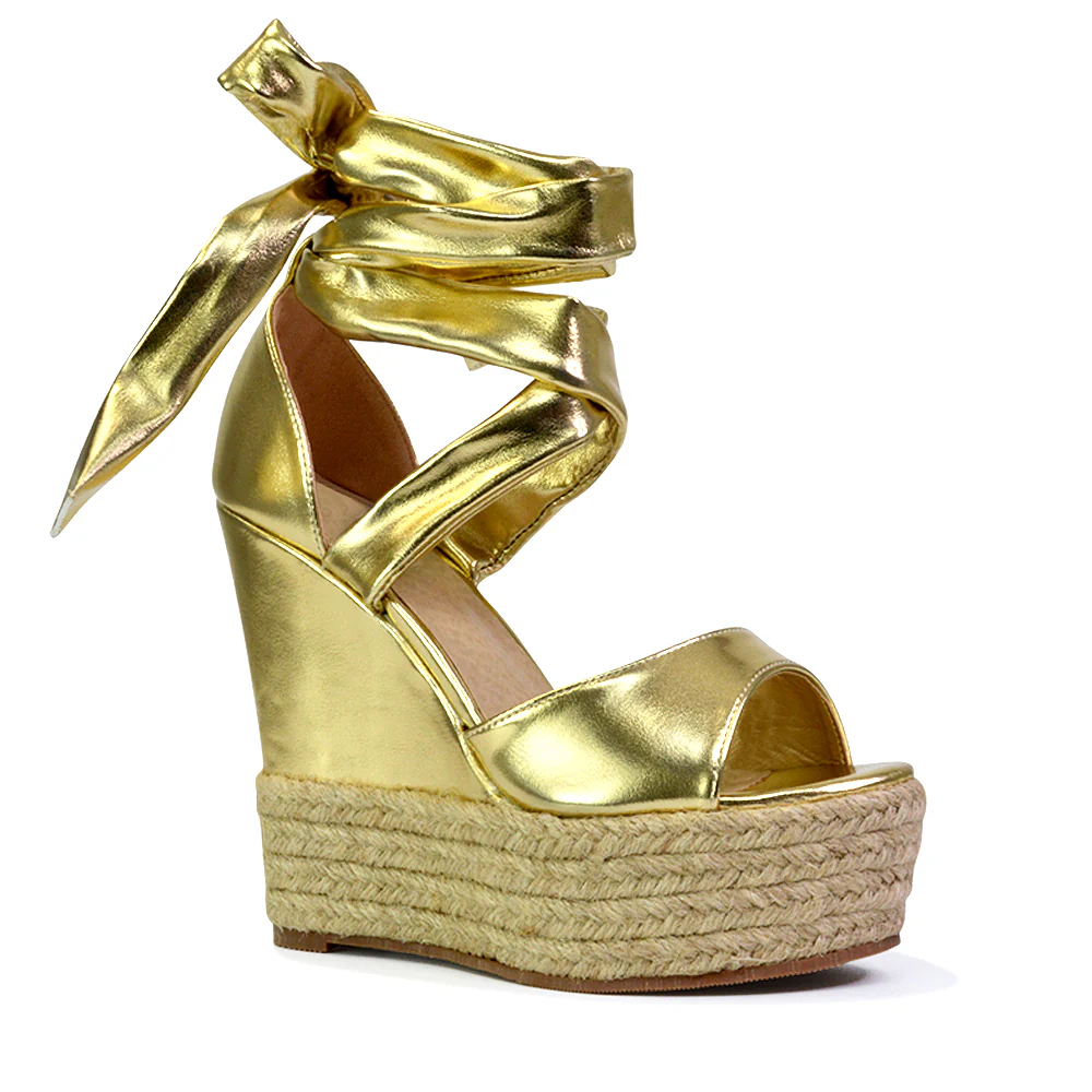 Sansa Strappy Lace up Woven Effect Platform High Heel Sandal Wedges In Gold - Image 48