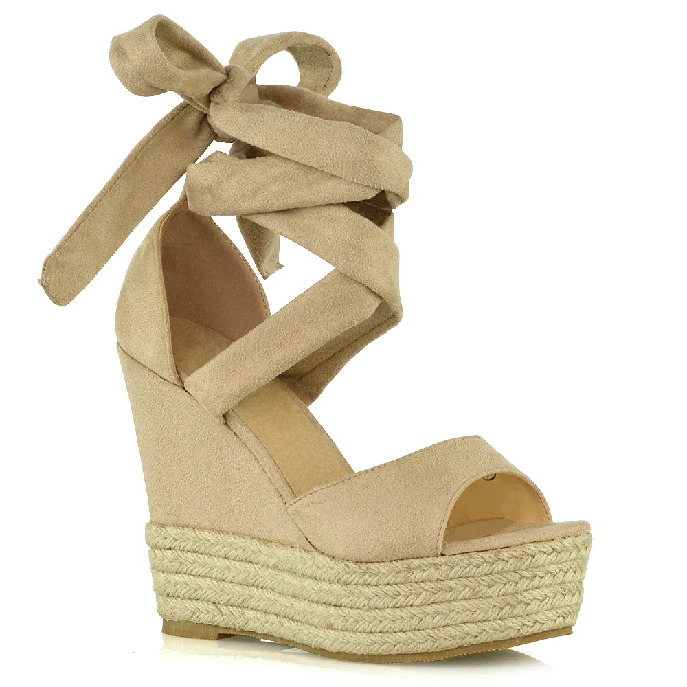 Sansa Strappy Lace up Woven Effect Platform High Heel Sandal Wedges In Gold - Image 73