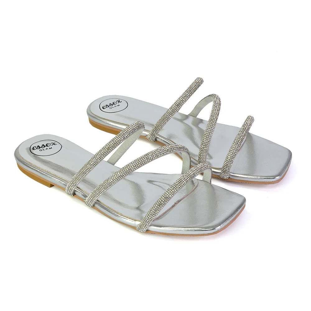 Santos Square Toe Strappy Slip On Crystal Gem Diamante Flat Sandals in Rose Gold - Image 25
