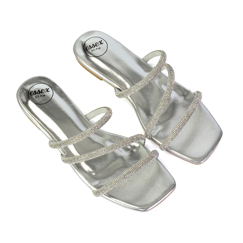 Santos Square Toe Strappy Slip On Crystal Gem Diamante Flat Sandals in Silver - Image 19