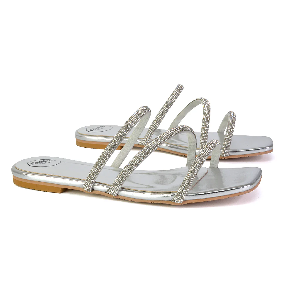 Santos Square Toe Strappy Slip On Crystal Gem Diamante Flat Sandals in Silver - Image 32