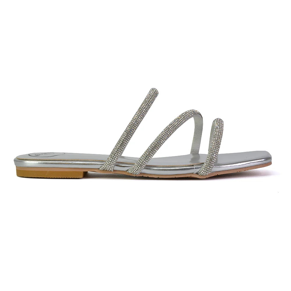 Santos Square Toe Strappy Slip On Crystal Gem Diamante Flat Sandals in Silver - Image 35
