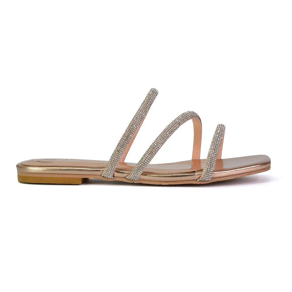 Santos Square Toe Strappy Slip On Crystal Gem Diamante Flat Sandals in Silver - Image 40