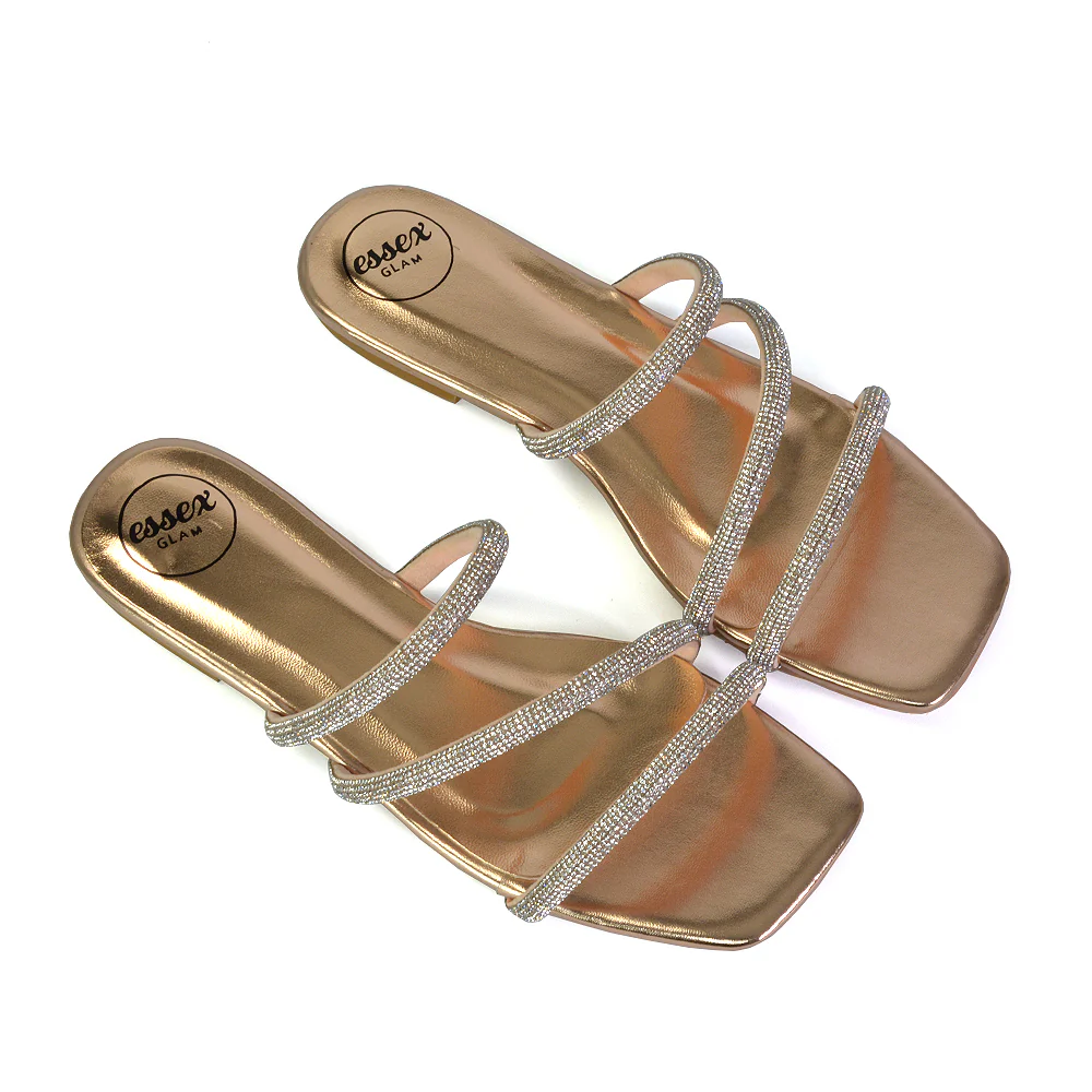 Santos Square Toe Strappy Slip On Crystal Gem Diamante Flat Sandals in Silver - Image 44
