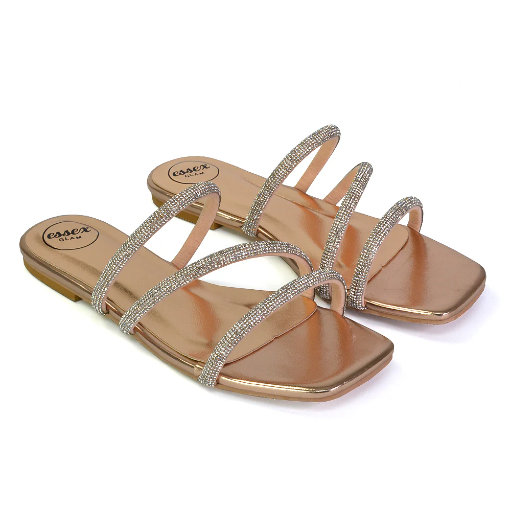Santos Square Toe Strappy Slip On Crystal Gem Diamante Flat Sandals in Silver - Image 48