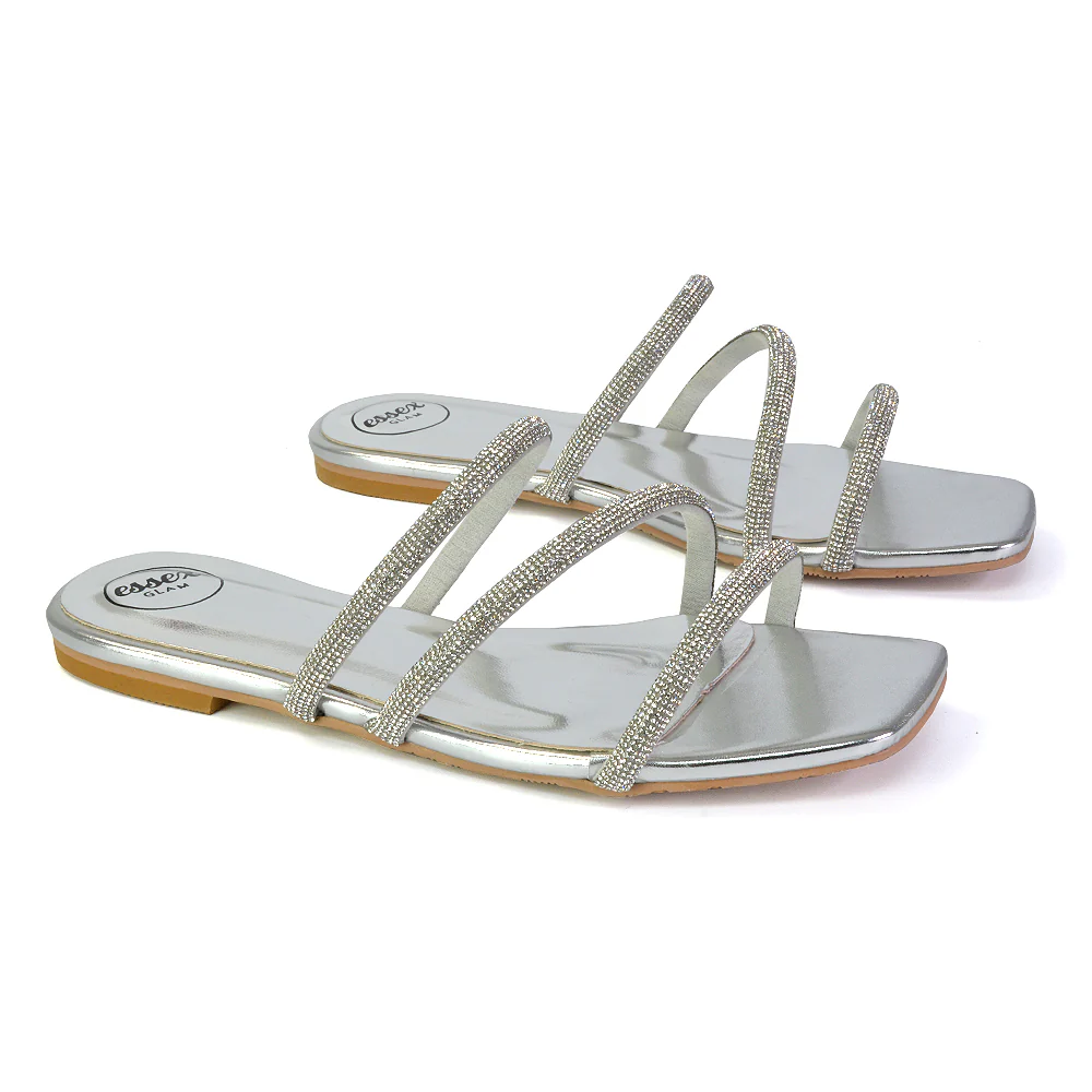 Santos Square Toe Strappy Slip On Crystal Gem Diamante Flat Sandals in Silver - Image 6