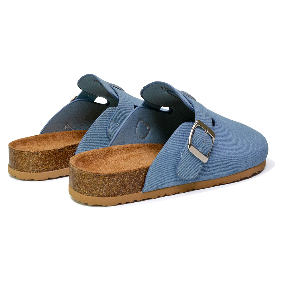 Savannah Closed Toe Slip On Buckle Flat Sandal Sliders in Denim - Image 29