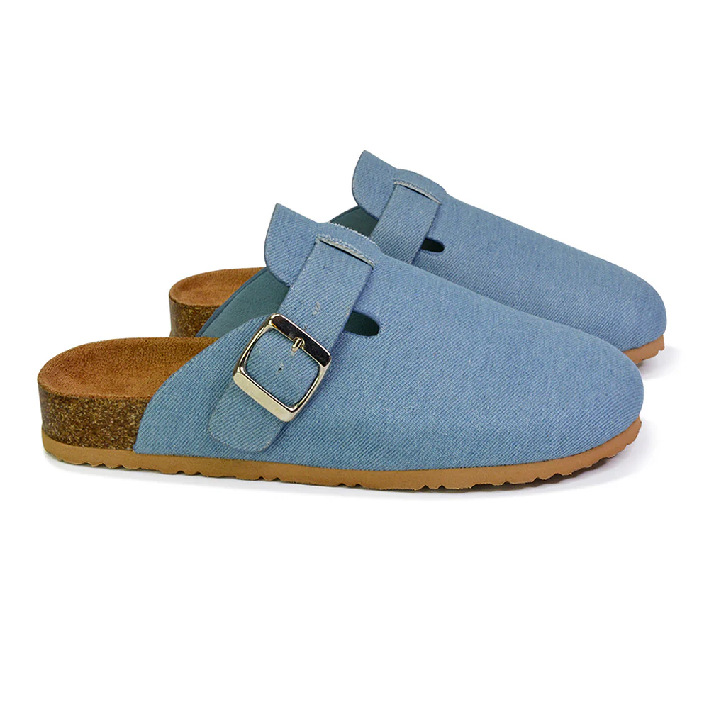 Savannah Closed Toe Slip On Buckle Flat Sandal Sliders in Denim - Image 30