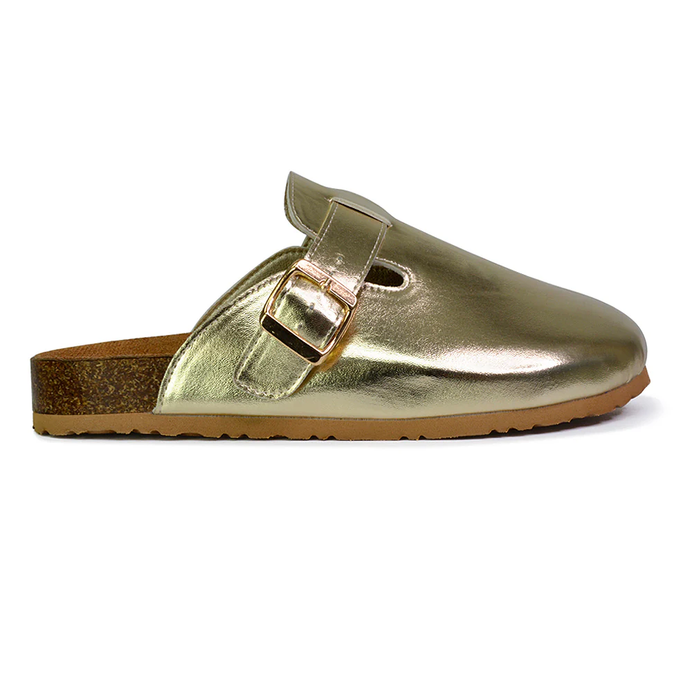 Savannah Closed Toe Slip On Buckle Flat Sandal Sliders in Ice White - Image 78