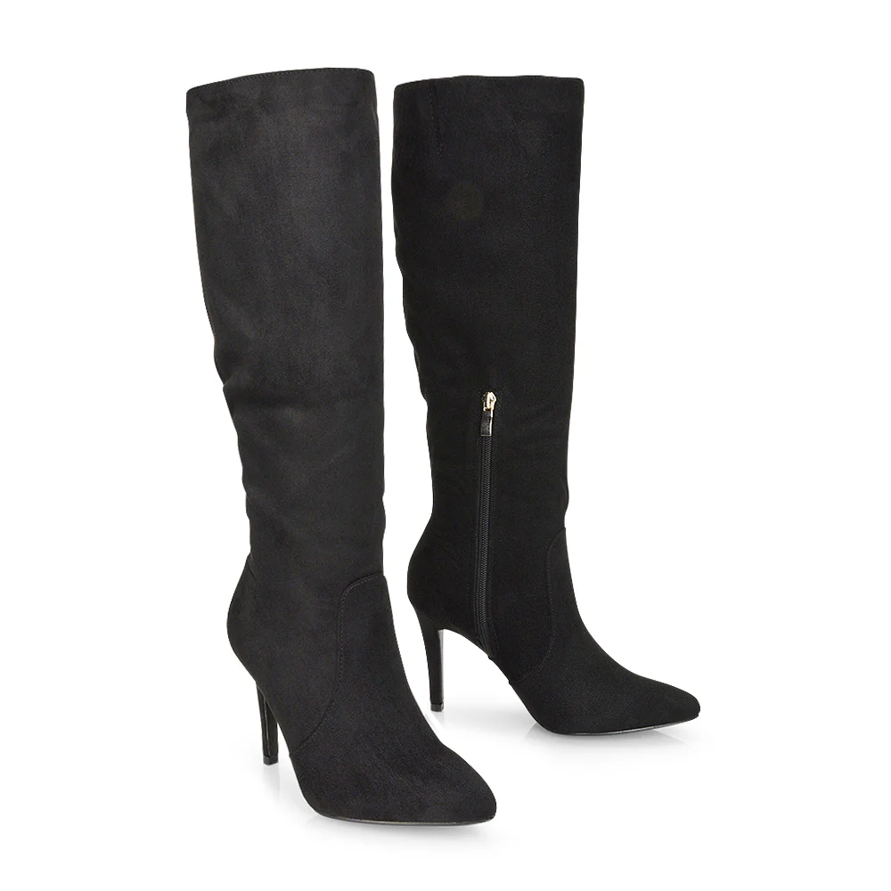 Savvy Pointed Toe Long Knee High Stiletto Heeled Boots in Black Faux Suede - Image 164