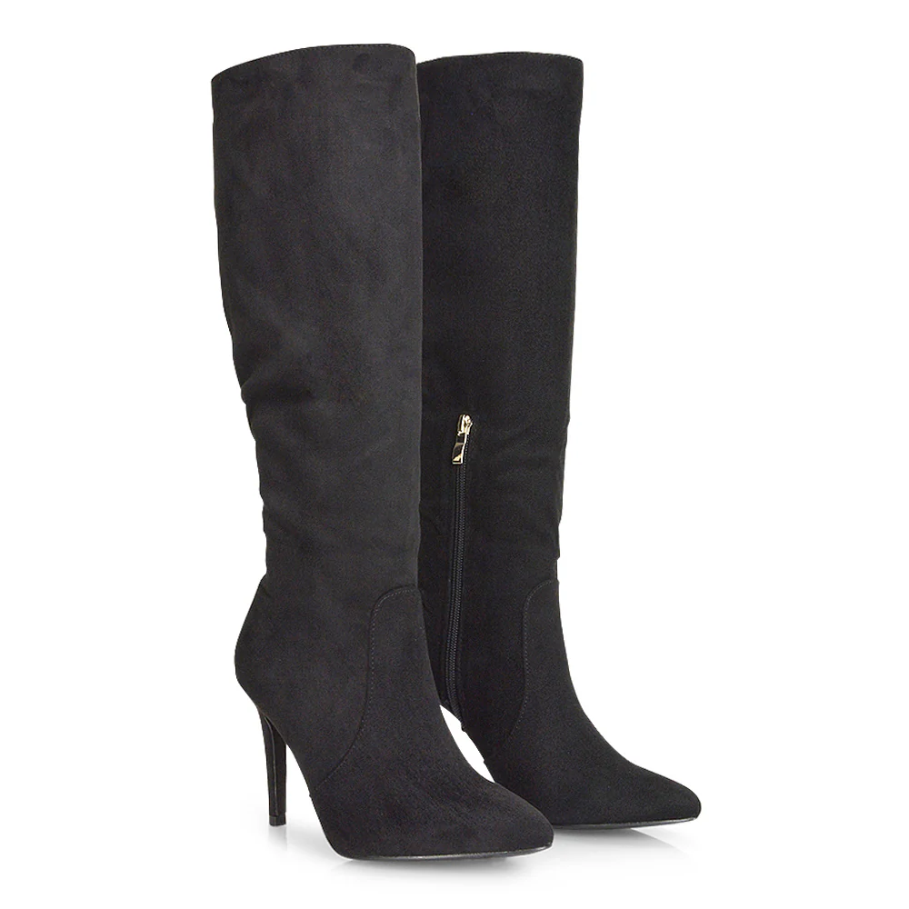 Savvy Pointed Toe Long Knee High Stiletto Heeled Boots in Black Faux Suede - Image 3
