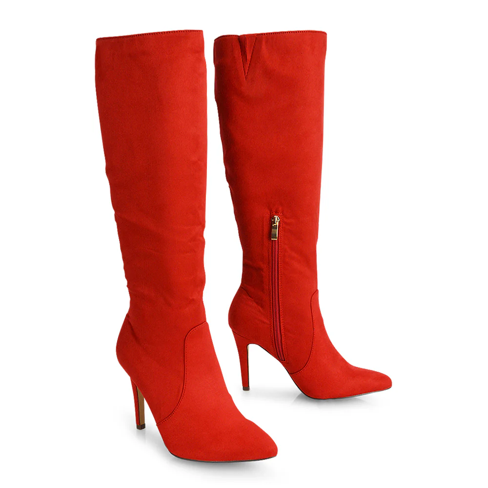 Savvy Pointed Toe Long Knee High Stiletto Heeled Boots in Black Faux Suede - Image 32