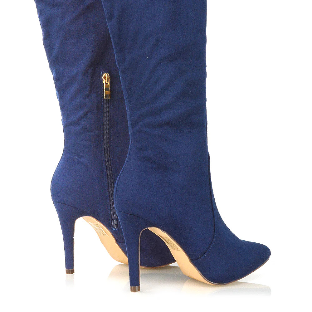 Savvy Pointed Toe Long Knee High Stiletto Heeled Boots in Black Faux Suede - Image 48