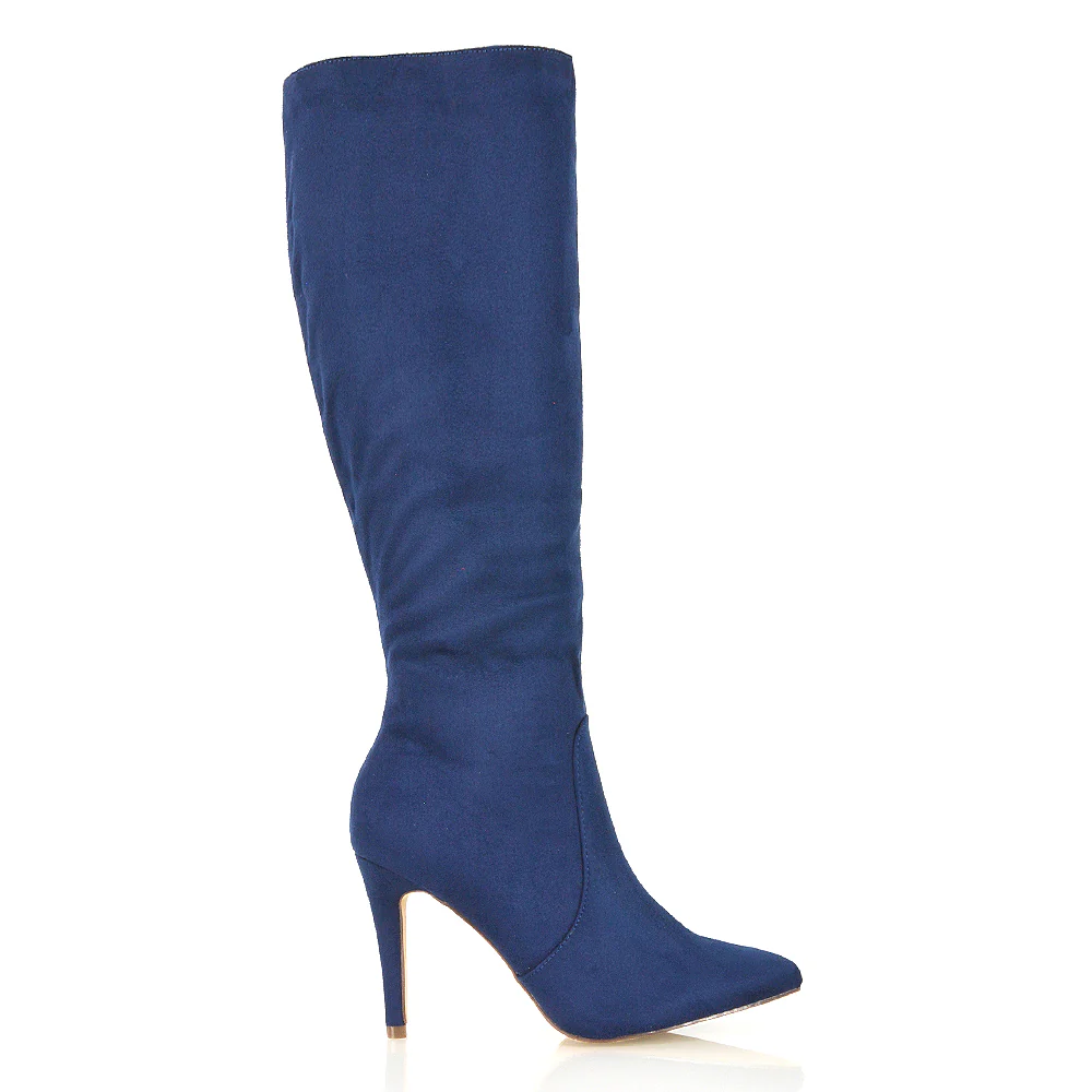 Savvy Pointed Toe Long Knee High Stiletto Heeled Boots in Black Faux Suede - Image 65