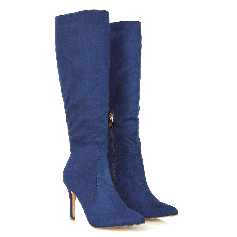 Savvy Pointed Toe Long Knee High Stiletto Heeled Boots in Black Faux Suede - Image 67