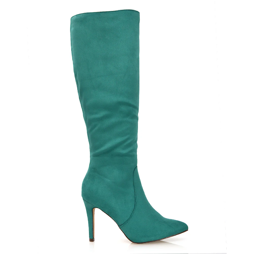 Savvy Pointed Toe Long Knee High Stiletto Heeled Boots in Black Faux Suede - Image 95