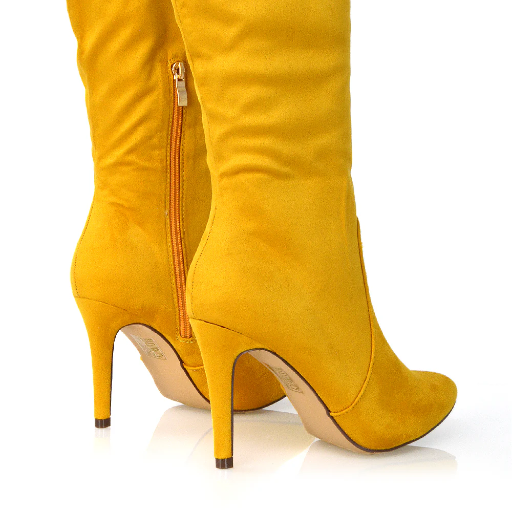 Savvy Pointed Toe Long Knee High Stiletto Heeled Boots in Navy Faux Suede - Image 126